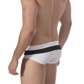 White metro male wear isla swim brief 4916-46 with bold black horizontal stripe on waistband for swimwear use
