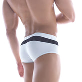 White briefs from metromalewear isla swim trunk 4913-44 with bold black horizontal stripe on waistband