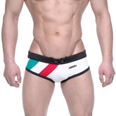 White swim briefs with black trim and diagonal green white and red stripes from metromalewear italy flag series