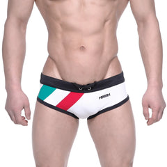 White swim briefs with black trim and diagonal green white and red stripes from metromalewear italy flag series