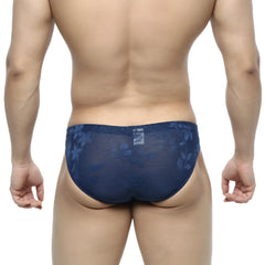 Navy blue sheer lace briefs with floral pattern from MetroMaleWear jacquard bikini royal 5103-16 front view