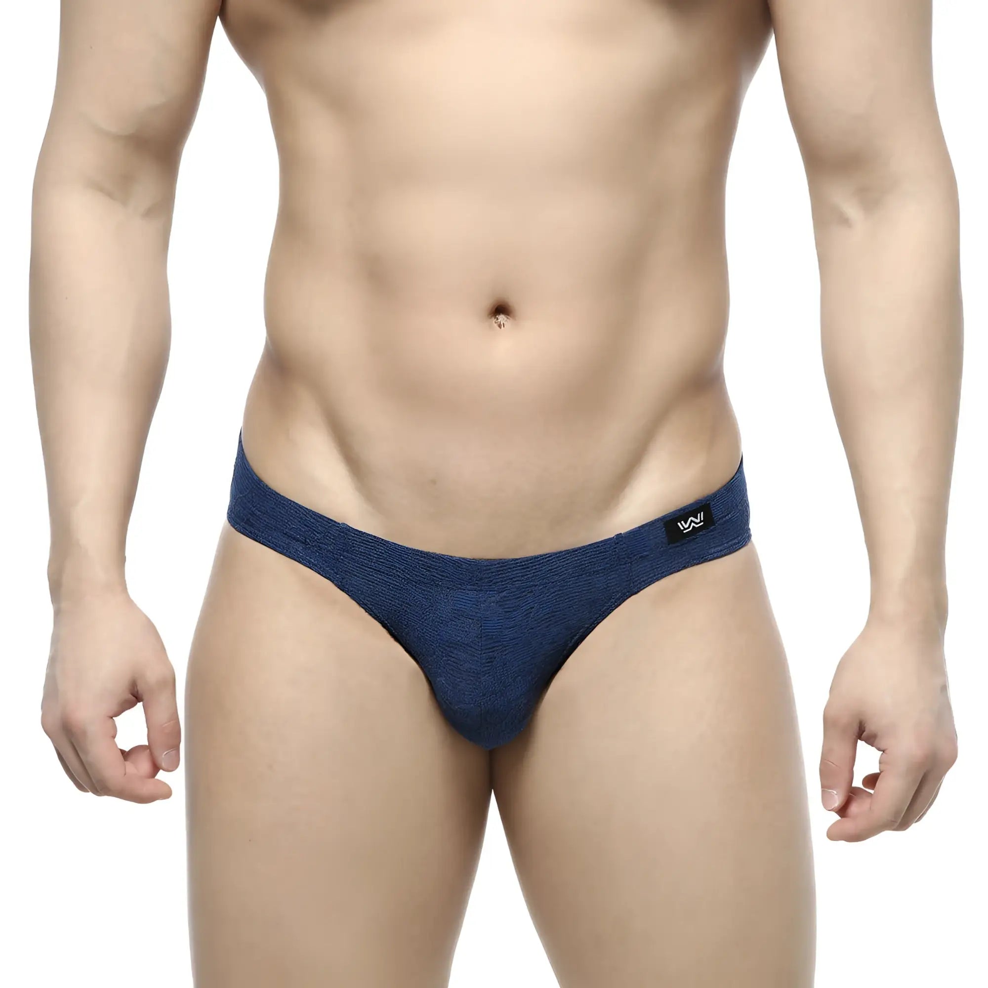 Navy blue textured men’s briefs with jacquard fabric and black logo on waistband from metromalewear royal 5103-16