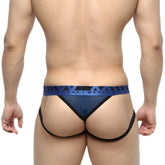 Blue and black patterned MetroMaleWear jacquard thong with branded waistband designed for comfortable jockstraps use