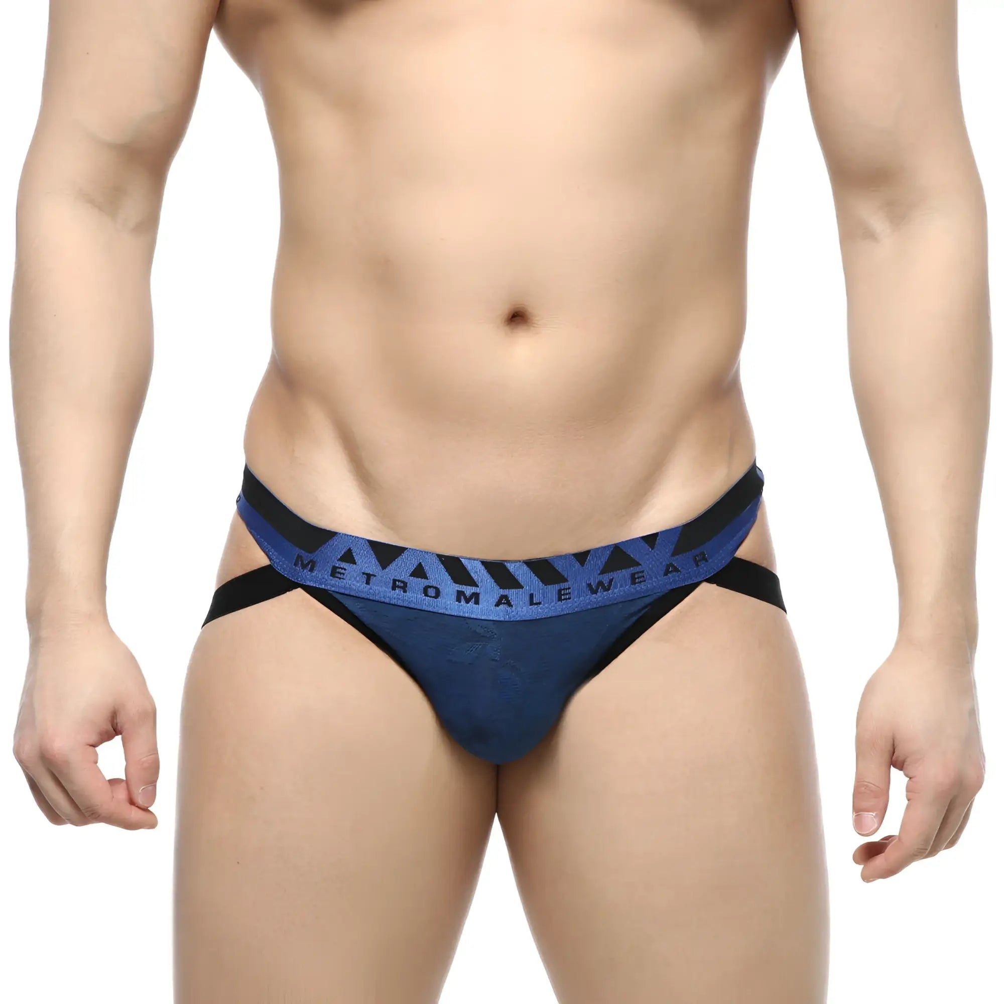 Blue and black metromalewear jacquard jockstraps with a patterned waistband in royal 2901-18 design
