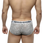 Gray lace briefs with white jacquard waistband featuring black lettering from MetroMaleWear 2026-11 collection