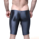 Black shiny MetroMaleWear Jammer swim boxer with white side stitching charcoal fabric for swimming and sports use