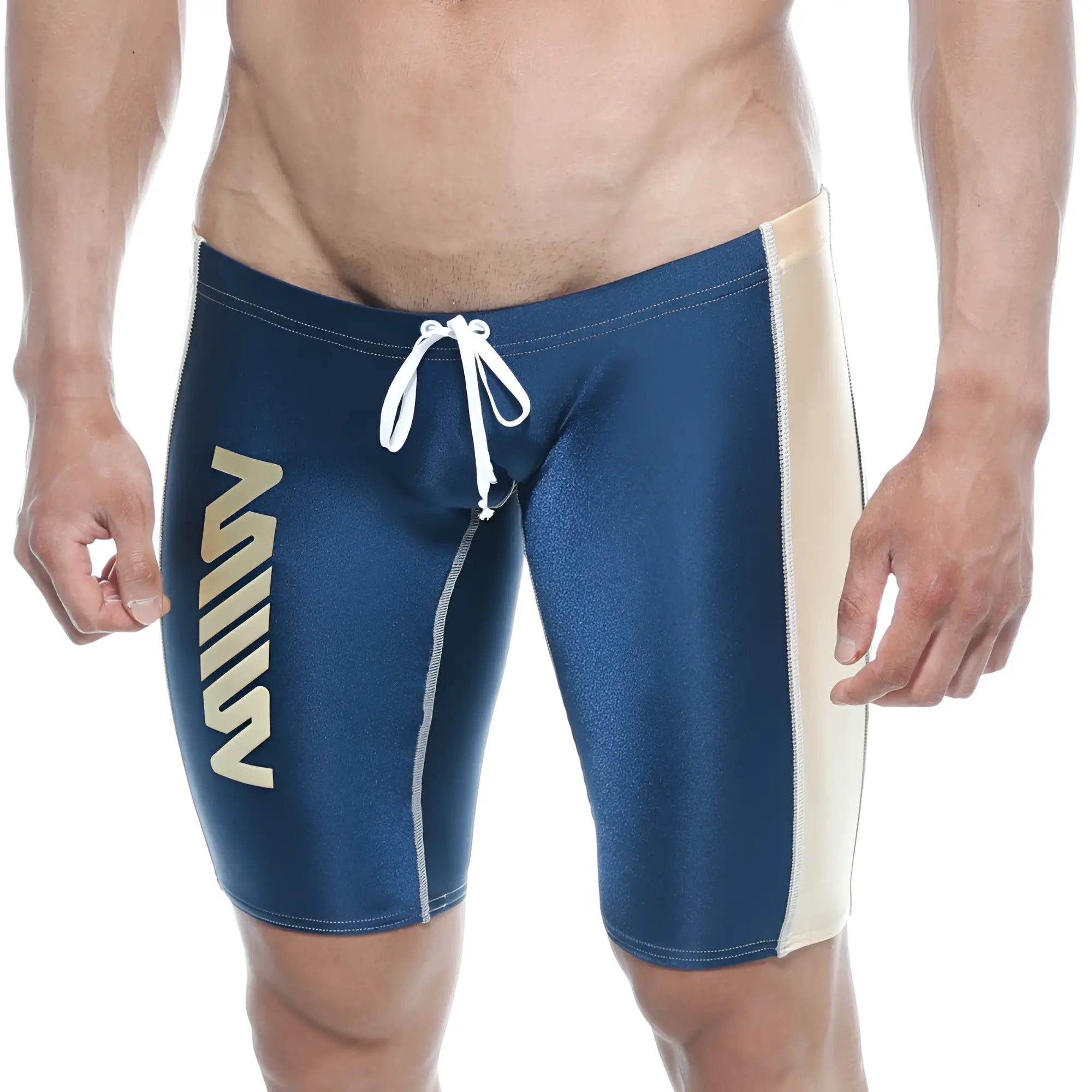 Navy blue MetroMaleWear Jammer swim boxer with cream side panels and white drawstring for swimming