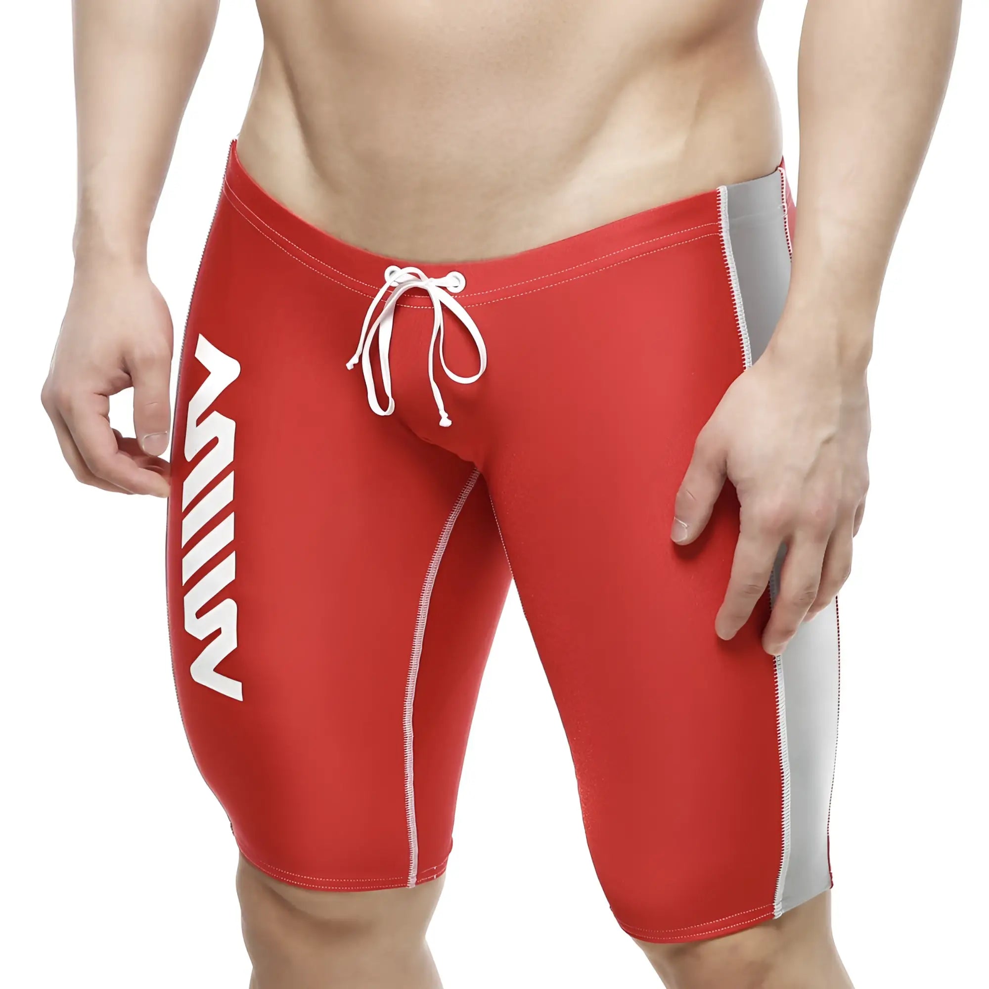 Red men’s jammer swim boxer with white side stripes and gray thigh panel by metromalewear model 4904-12