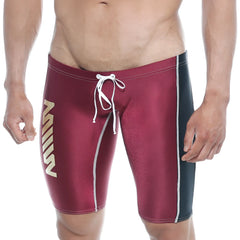 Maroon and black metro malewear jammer swim boxer with white drawstring and side stripes for swimming