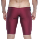 Maroon metroMalewear jammer swim boxer with white and black side stripes designed for swimming and water sports