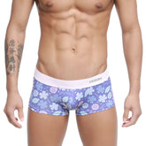 MetroMaleWear Jardin trunk 2026-15 purple floral patterned men’s briefs with white amin elastic waistband in gray lettering