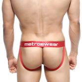 Red metrowear jock strap atractivo 3001-76 with bold white logo on waistband designed for comfortable support
