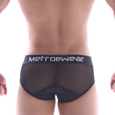 Black mesh briefs with solid black waistband and white metrowear logo from metromalewear joy mesh brief black 9004-43
