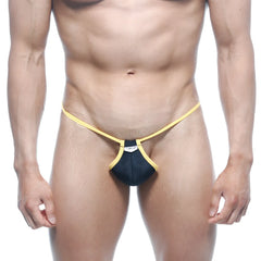 MetroMaleWear Jupiter thong black 0006-20 sleek minimalist black and yellow design with comfortable fabric front view