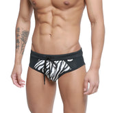 MetroMaleWear Kenya swim brief 4916-30 black and white zebra-print swim trunks with drawstring waistband