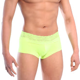 Bright neon green lace short boxer briefs with delicate lace trim at the waistband from MetroMaleWear