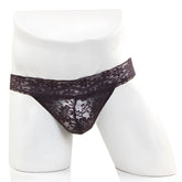 Black lace thong with floral pattern by Metromalewear in black lace fabric showing front view