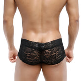 Black lace men’s underwear with intricate floral patterns metroMalewear lace trunk black 2613-20 front view