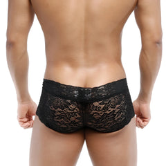 Black lace men’s underwear with intricate floral patterns metroMalewear lace trunk black 2613-20 front view