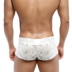 MetroMaleWear lace trunk white 2613-00 featuring white lace briefs with intricate floral patterns and scalloped hemline