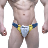 Blue and yellow striped MetroMaleWear Laguna swim bikini with a white front panel featuring the mew logo