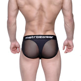 Black mesh layered hip briefs with solid black waistband featuring metroiewear logo in white lettering