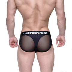 Black mesh layered hip briefs with solid black waistband featuring metroiewear logo in white lettering