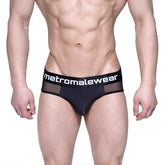 Black mesh layered hip briefs with white metromalewear logo on waistband metroMaleWear Layered Hip Brief Black 5103-31