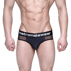 Black mesh layered hip briefs with white metromalewear logo on waistband metroMaleWear Layered Hip Brief Black 5103-31