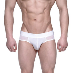 White metroMalewear layered hip brief with solid waistband and sheer mesh side panels in a white color