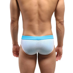 Light blue and white mesh swim trunks with a solid turquoise waistband from MetroMaleWear layered swim brief