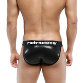 Black metallic-finish leather bikini briefs with metroiewear branding on waistband metro malewear 3004-f20