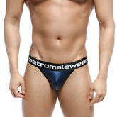 Navy blue metallic leather bikini briefs with black elastic waistband and white metromalewear logo 3004-F28