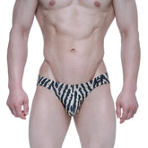 Black and cream zebra-striped men’s briefs with logo on waistband from metromalewear leopard bikini beige 5103-M64