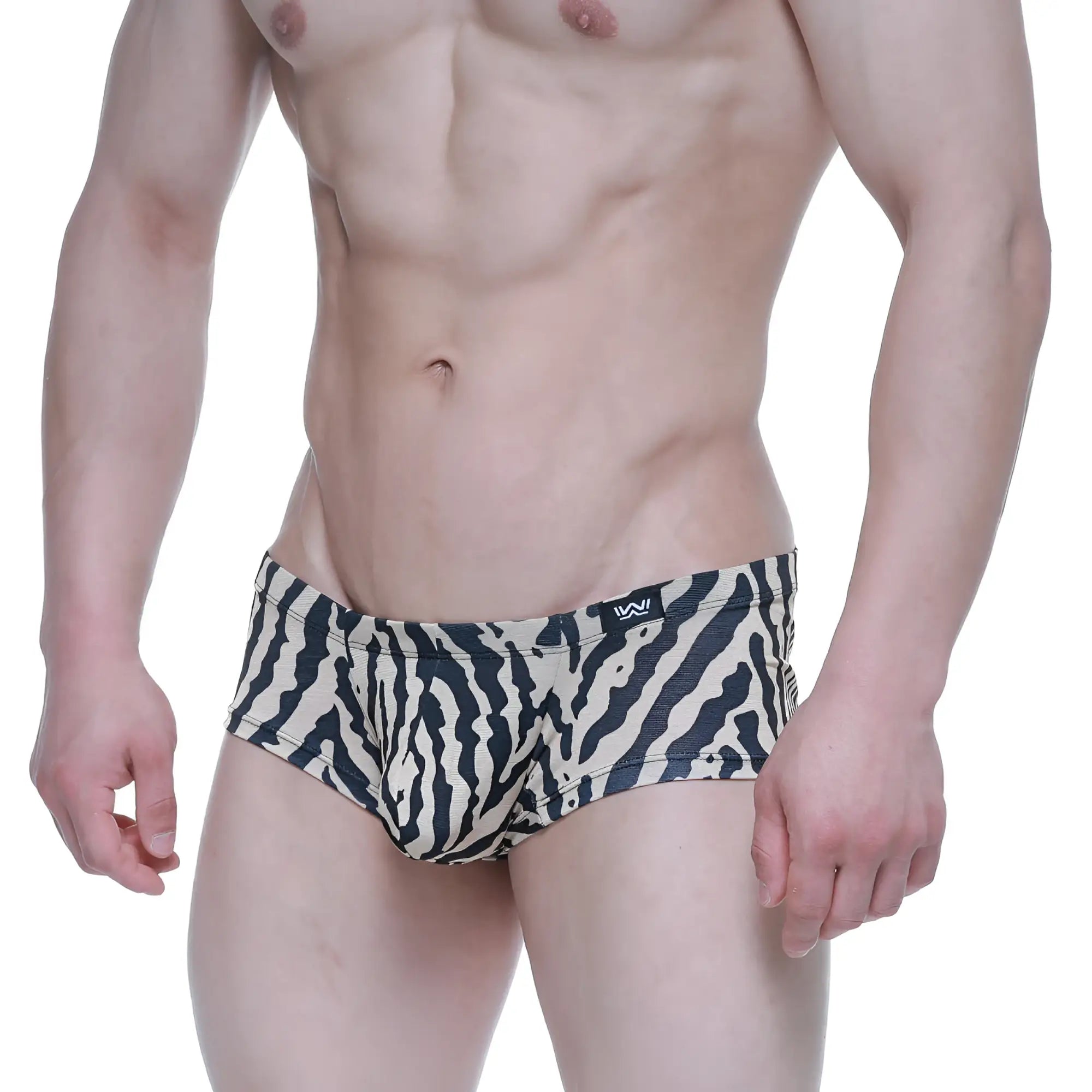 Black and white zebra-striped men’s briefs with a small black logo on the waistband from MetroMaleWear Leopard Trunk 2125-69