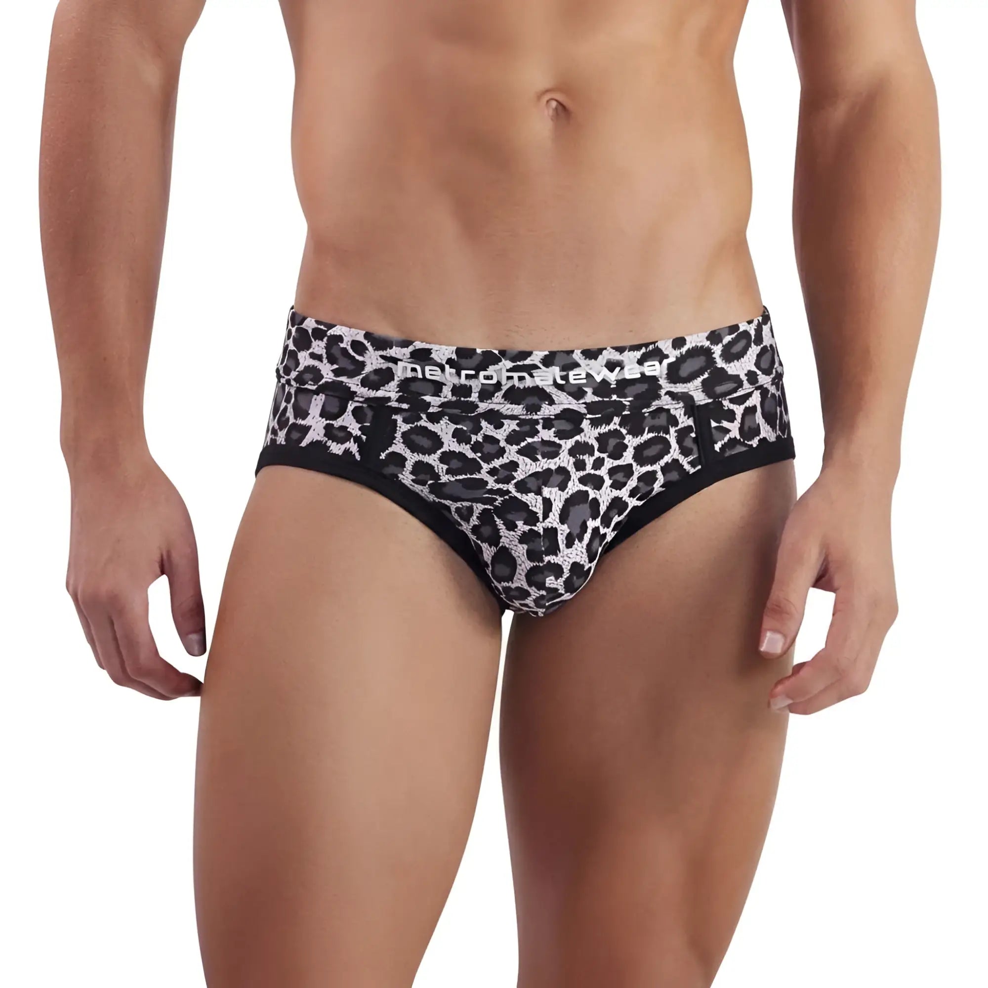 MetroMaleWear limited edition men’s briefs with black and white leopard print and black trim 5203-66