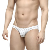 White briefs with black vertical pinstripes and a small MetroMaleWear brand tag on the waistband