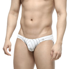 White briefs with black vertical pinstripes and a small MetroMaleWear brand tag on the waistband
