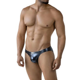 Shiny metallic blue liquid bikini briefs with sleek form-fitting design by metromalewear model 5103-m82