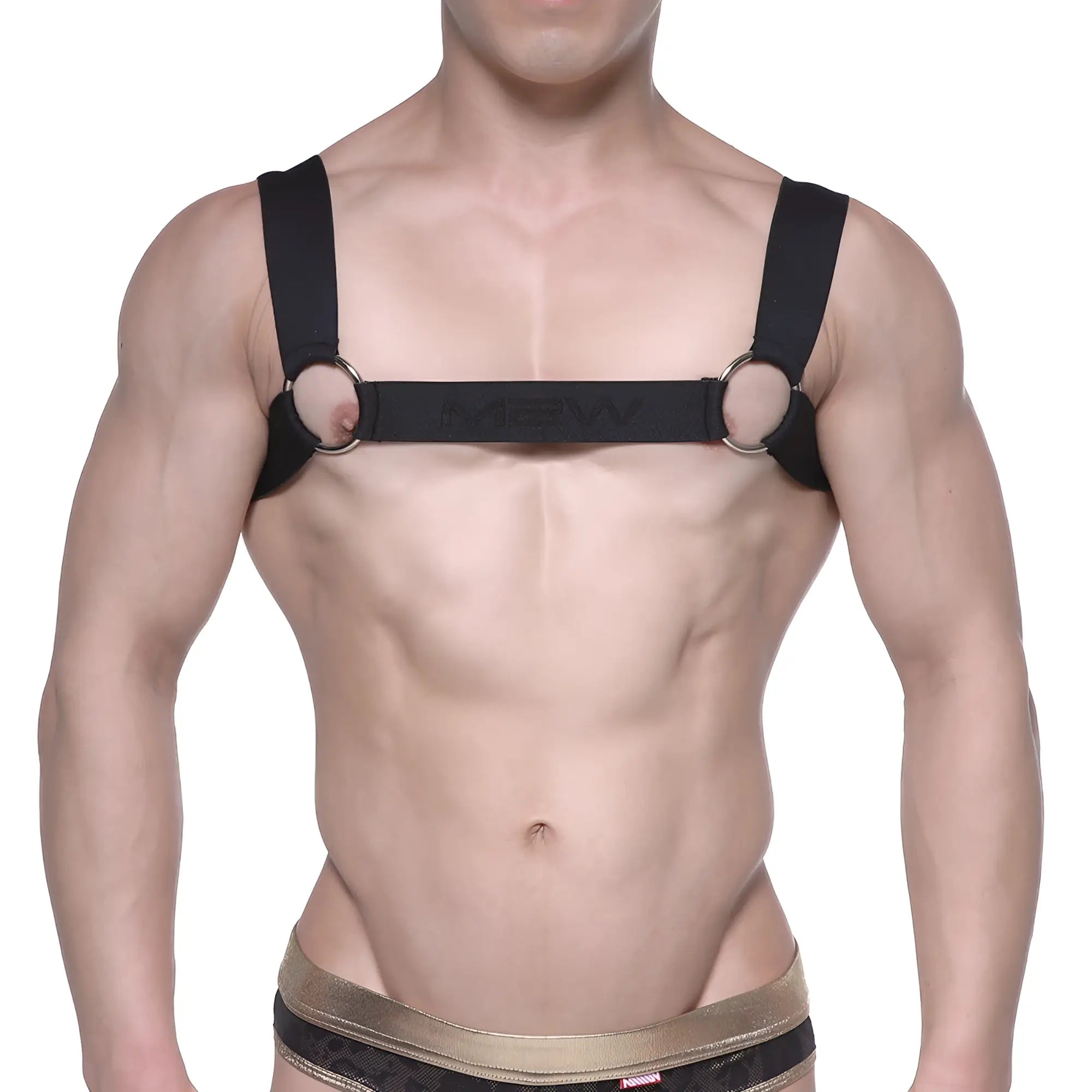 Black leather harness with metallic rings and central metro malewear logo strap model 1200-20