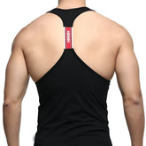 Black metroMalewear logo racerback tank top showing back with red and white vertical stripe down center