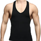 Black sleeveless MetroMaleWear logo tank top with deep v-neckline and ribbed trim along neckline and armholes