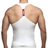 Back view of metro malewear white racerback tank top with red stripe and mann logo down center back