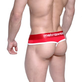 Red and white metrowear thong g-string with a glittery waistband metro malewear loreto crimson 2722-13 front view
