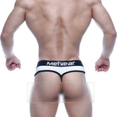 Black and white men’s thong with mefnear branded waistband metro male wear loreto g-string white 2722-00 back view