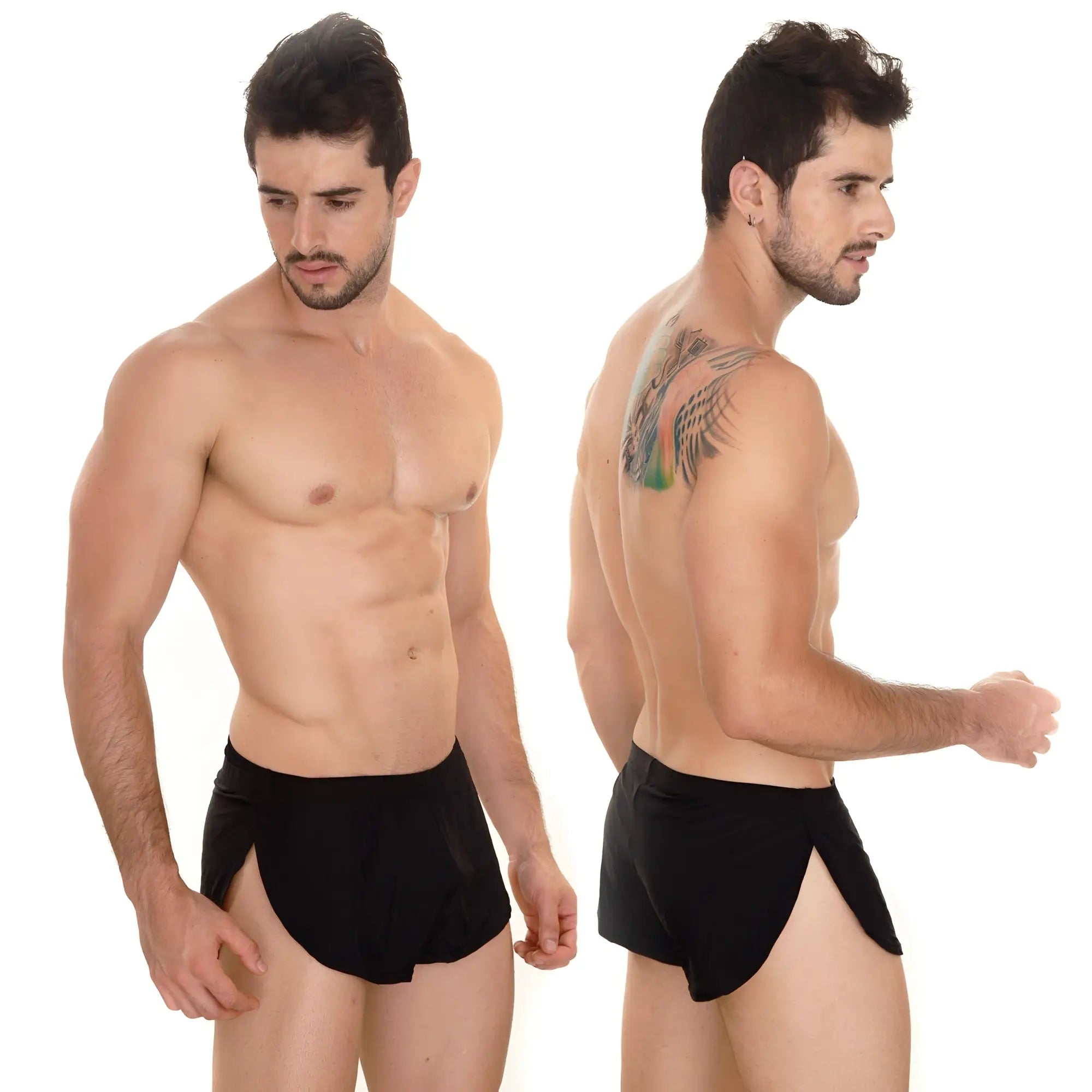 Black athletic shorts with side slit design by metromalewear for comfortable lounge wear in black 2008-20