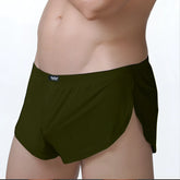 Dark olive green metro male wear lounge split boxer briefs with sleek fit and black logo waistband in athletic style