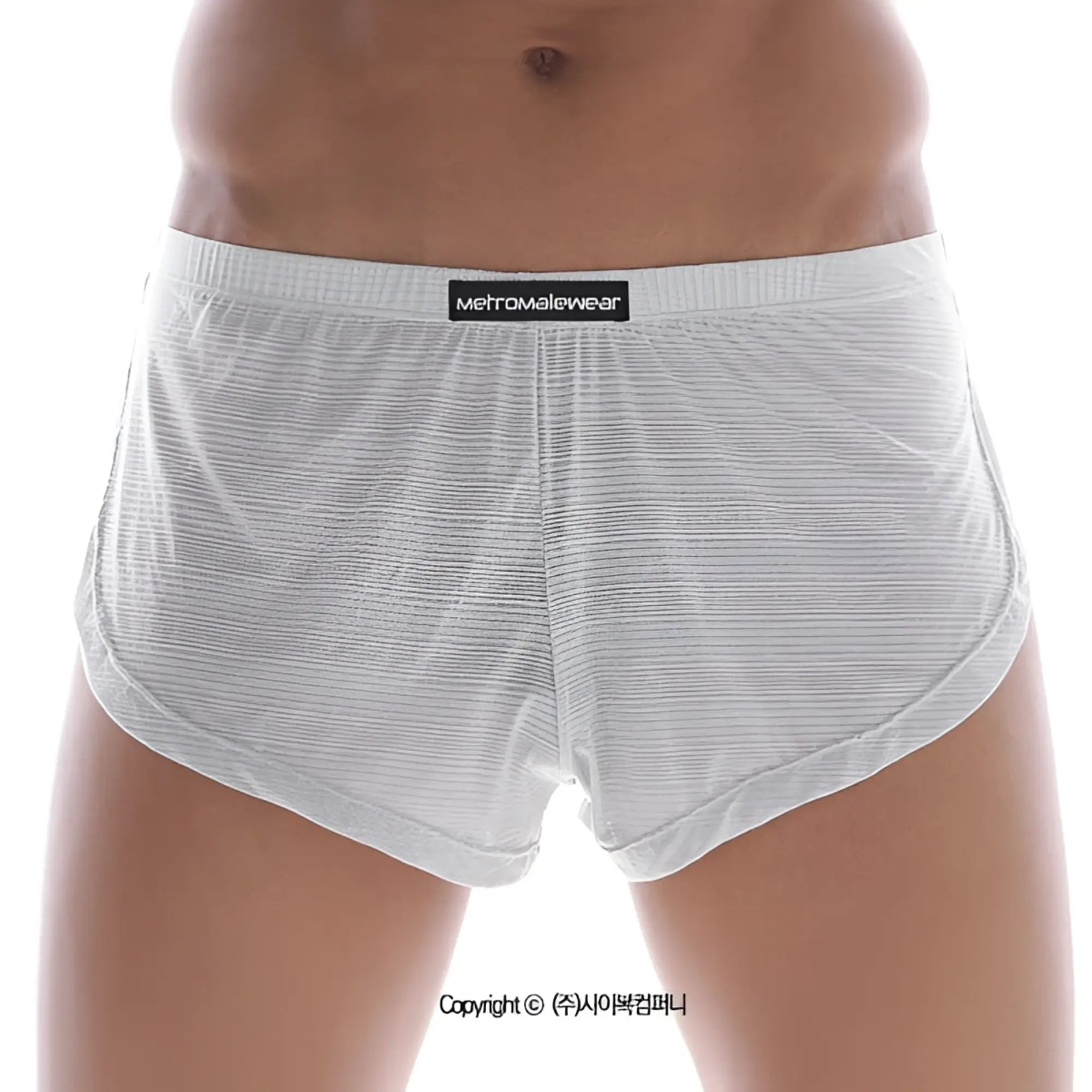 White striped men’s briefs with black metromalewear label on waistband in sheer grey lounge split boxer style