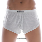 White striped men’s briefs with black metromalewear label on waistband in sheer grey lounge split boxer style