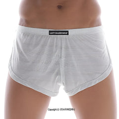 White striped men’s briefs with black metromalewear label on waistband in sheer grey lounge split boxer style